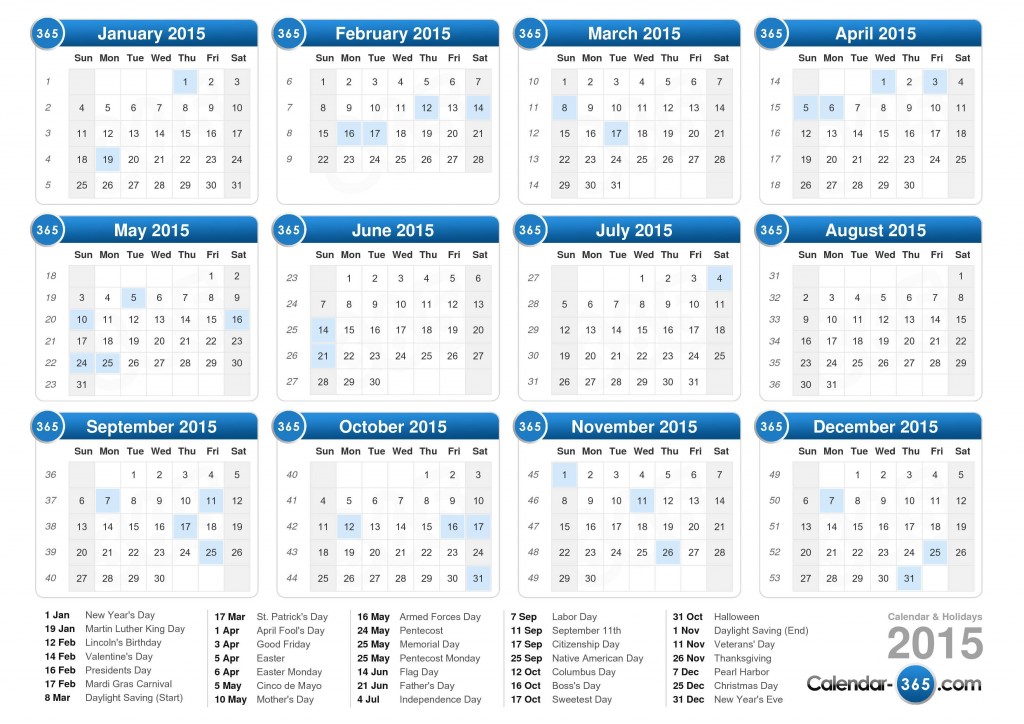 Calendar With Holidays 2015