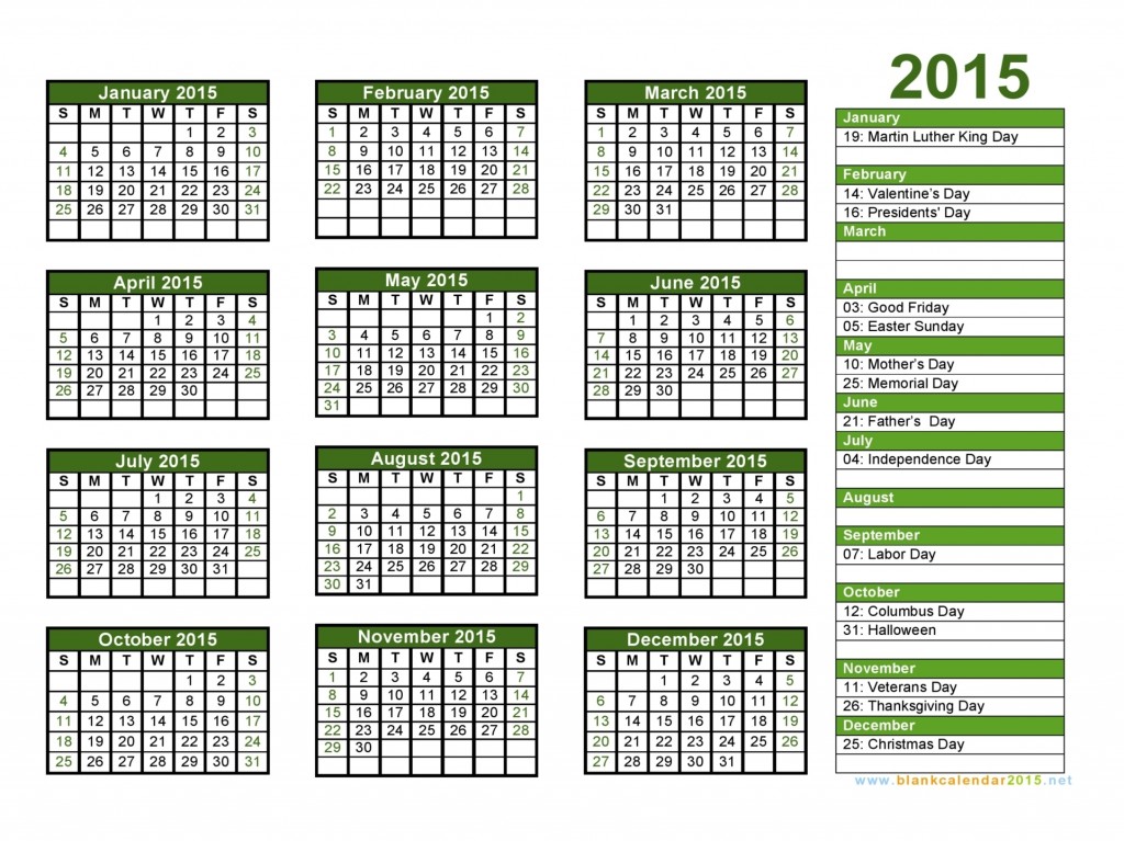 Calendar With Holidays 2015
