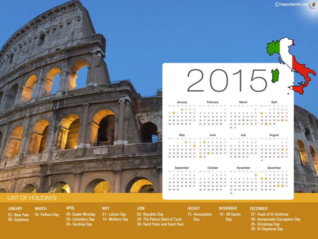 Calendar with Holidays 2015 (sorted by country)