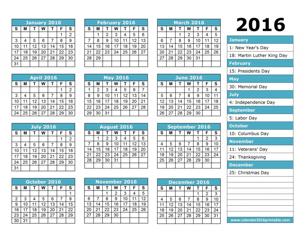 Calendar With Holidays 2016 1650x1275