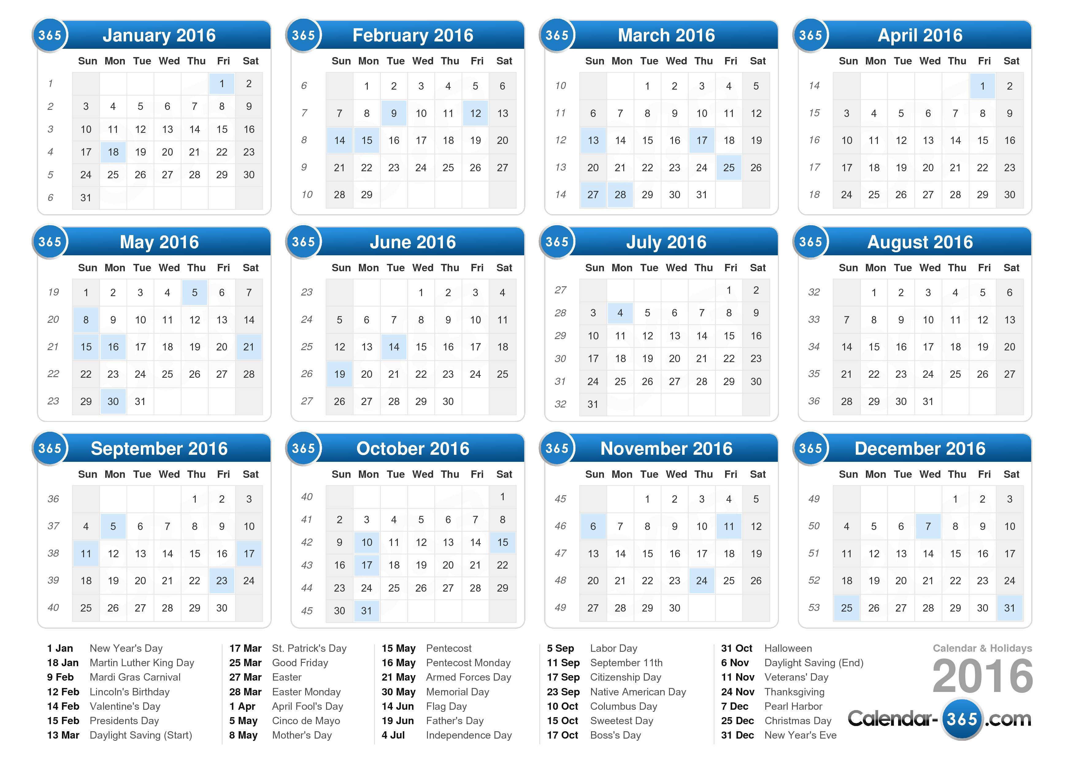 calendar 2016 holidays 2020